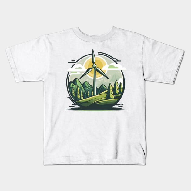 Elevate Your Wardrobe with the Greenbubble Wind Turbine Cartoon Kids T-Shirt by Greenbubble